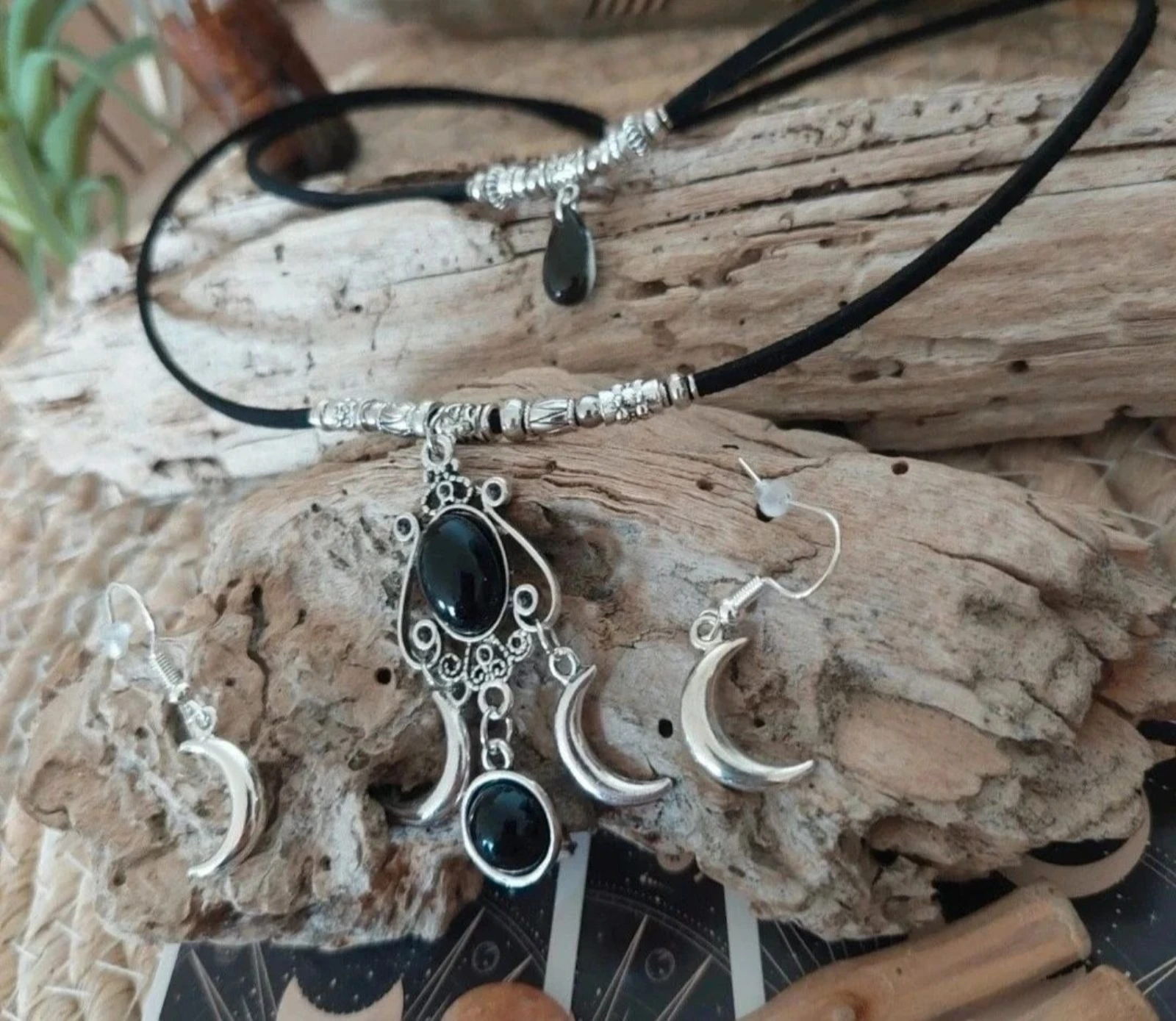 Parure boho mystique doublerangs triple lune obsidiana, preto – photo 2